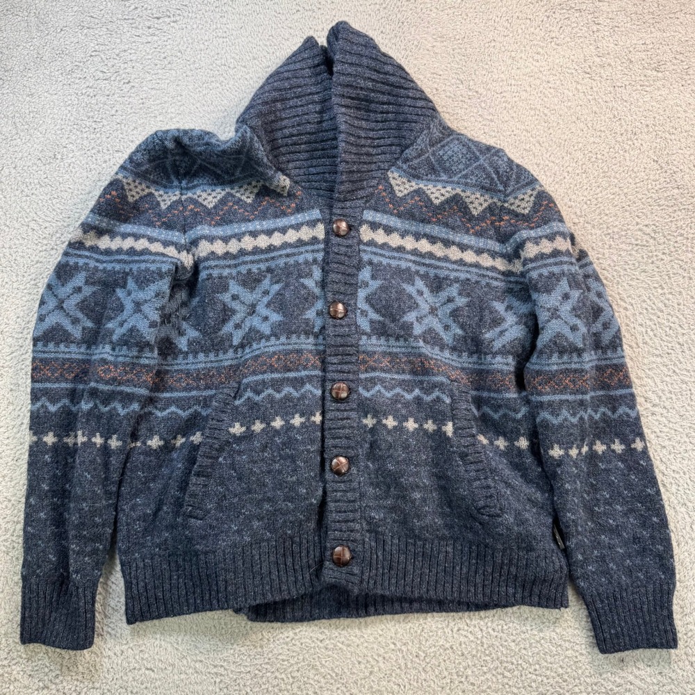 Woolrich Mens Blue Wool Blend Fair Isle Shawl Neck Cardigan Sweater Large 9017